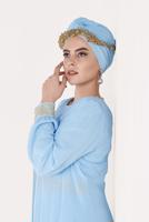 Tesettür giyim MAVİ NAKIŞ DETAYLI ABİYE ELBİSE T 12225-1