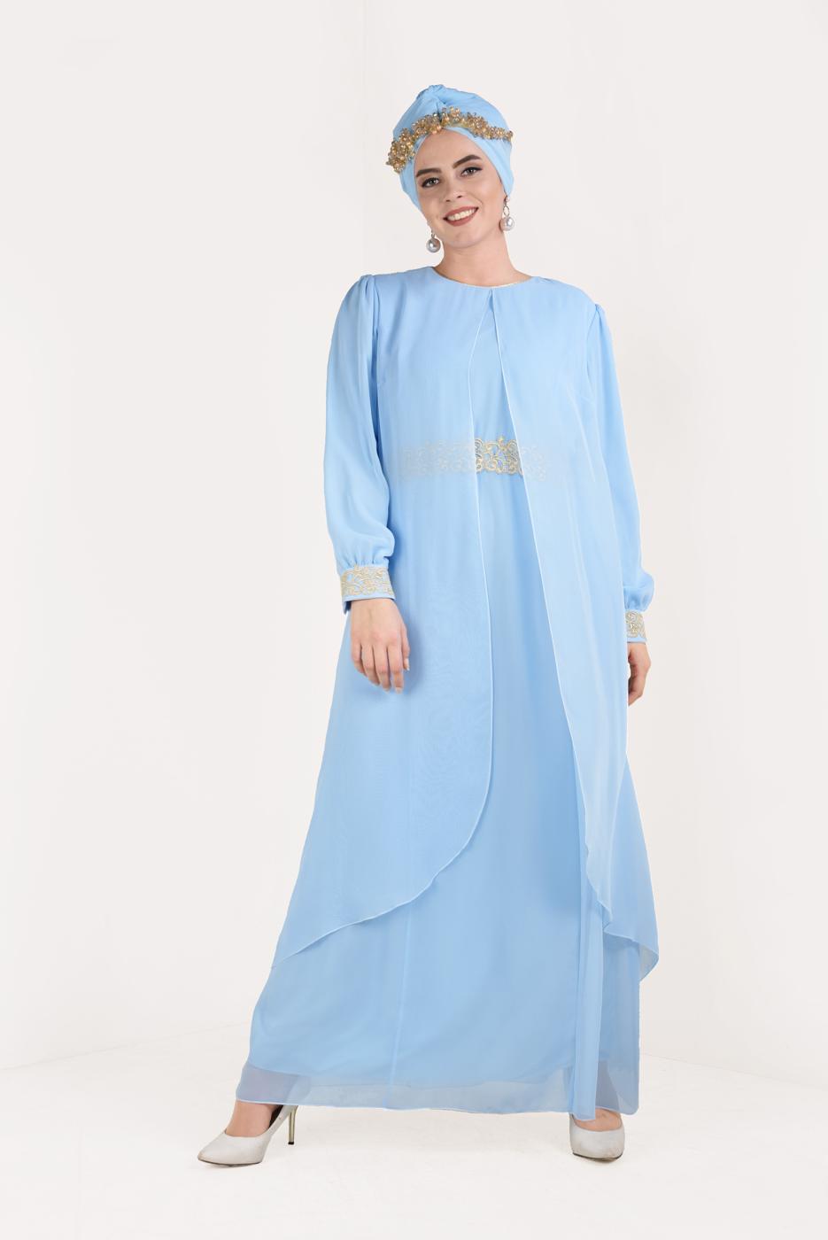 Tesettür giyim MAVİ NAKIŞ DETAYLI ABİYE ELBİSE T 12225-1