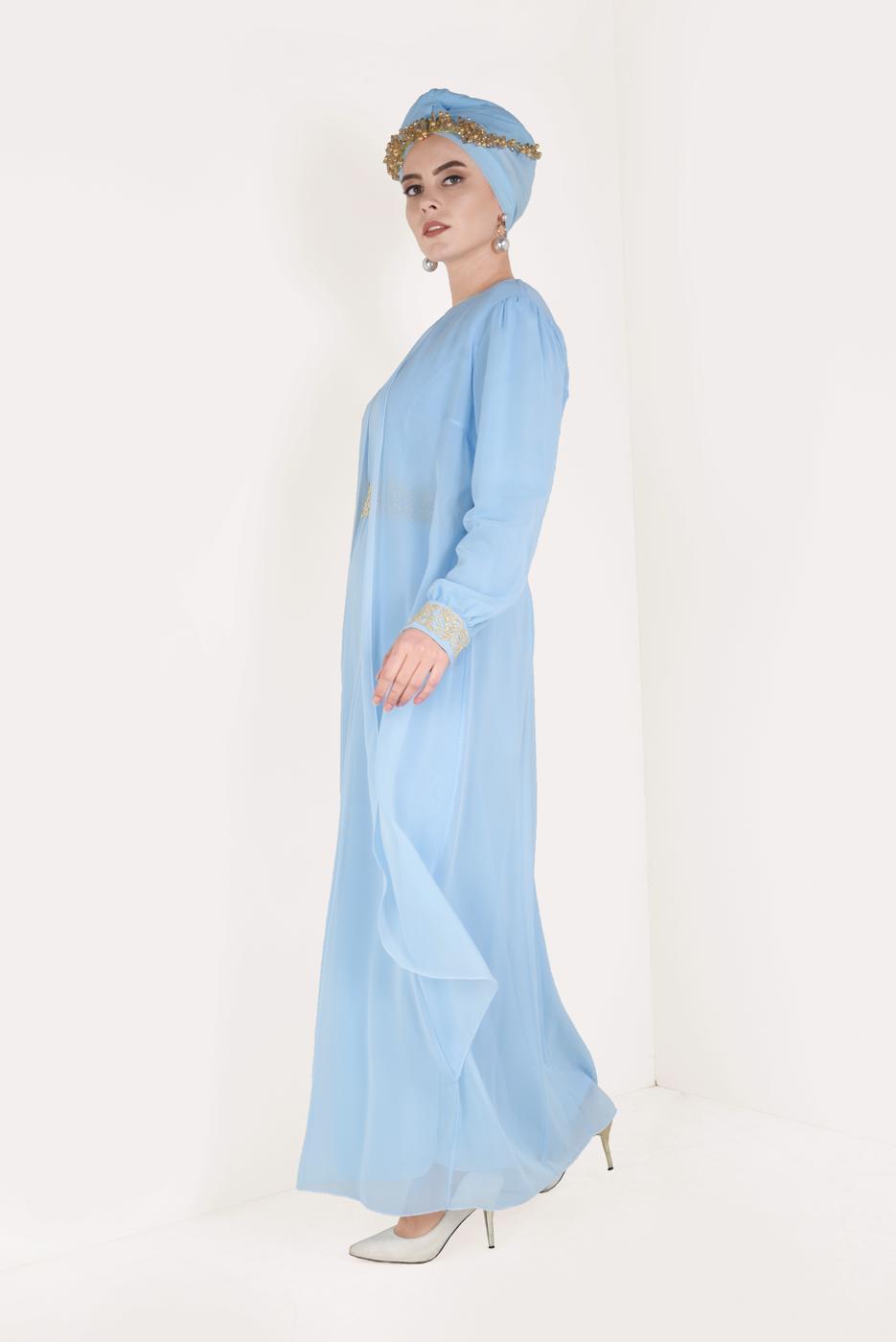 Tesettür giyim MAVİ NAKIŞ DETAYLI ABİYE ELBİSE T 12225-1