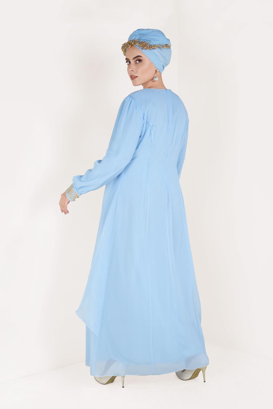 Tesettür giyim MAVİ NAKIŞ DETAYLI ABİYE ELBİSE T 12225-1