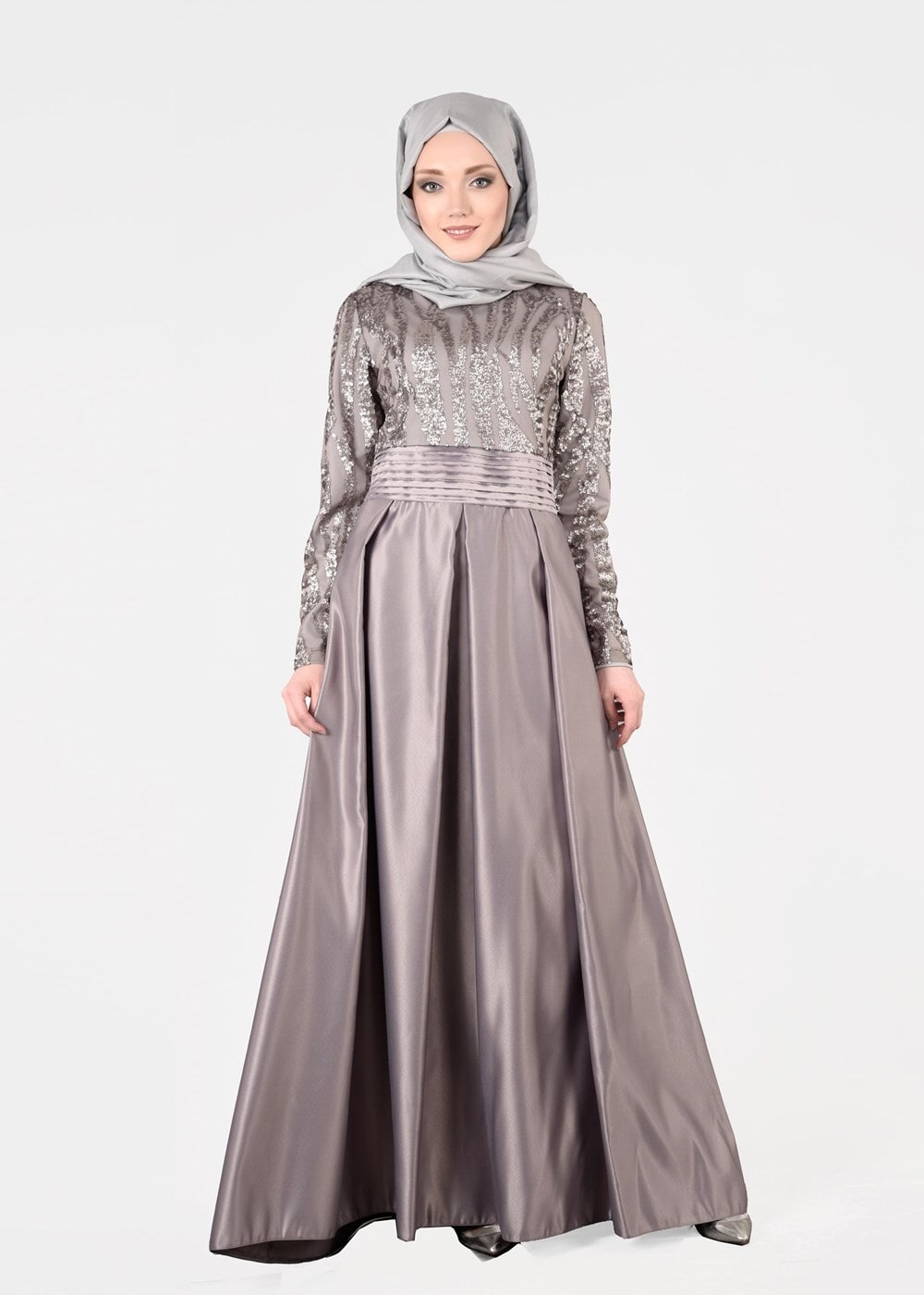 Tesettür giyim GRİ T 39525-1 Fy Colllection-Pul Detaylı Abiye Elbise