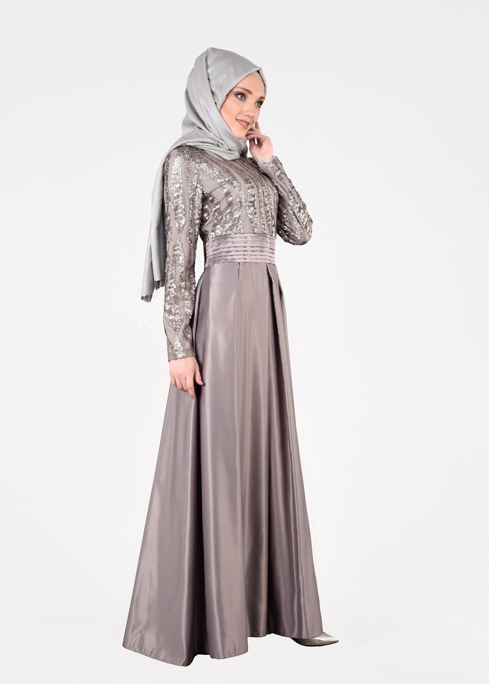 Tesettür giyim GRİ T 39525-1 Fy Colllection-Pul Detaylı Abiye Elbise