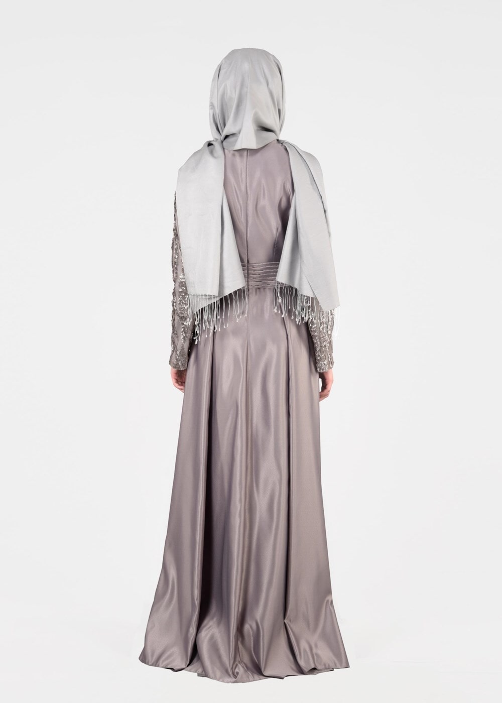 Tesettür giyim GRİ T 39525-1 Fy Colllection-Pul Detaylı Abiye Elbise