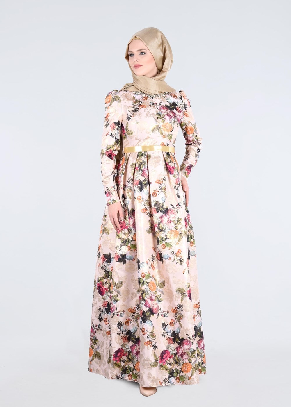 Tesettür giyim PUDRA FLORAL DESENLİ PİLELİ JAKAR ABİYE ELBİSE T 5231