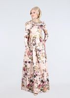 Tesettür giyim PUDRA FLORAL DESENLİ PİLELİ JAKAR ABİYE ELBİSE T 5231