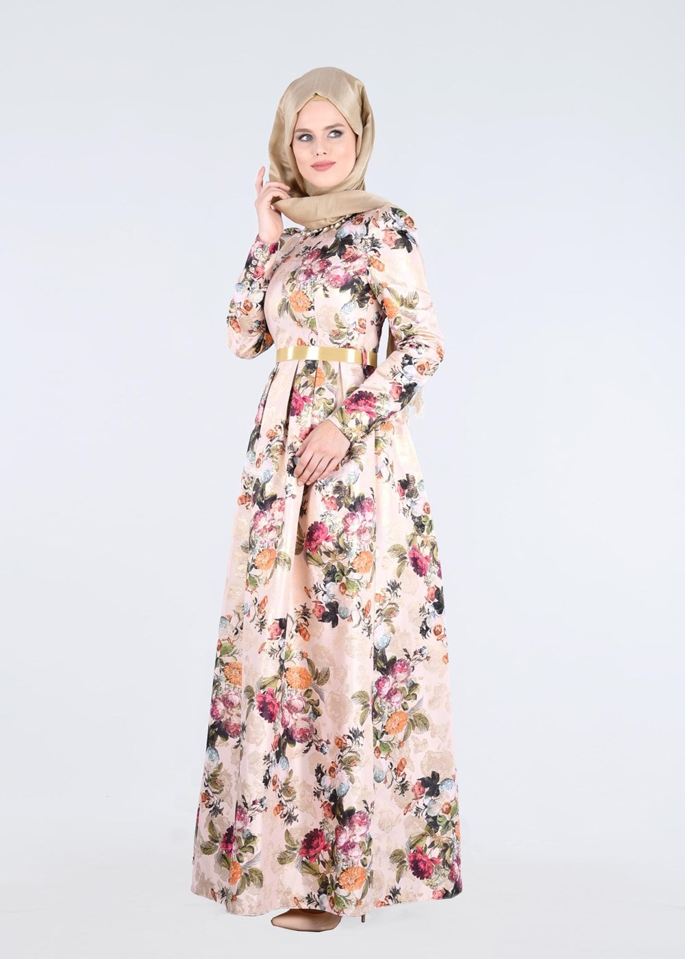 Tesettür giyim PUDRA FLORAL DESENLİ PİLELİ JAKAR ABİYE ELBİSE T 5231