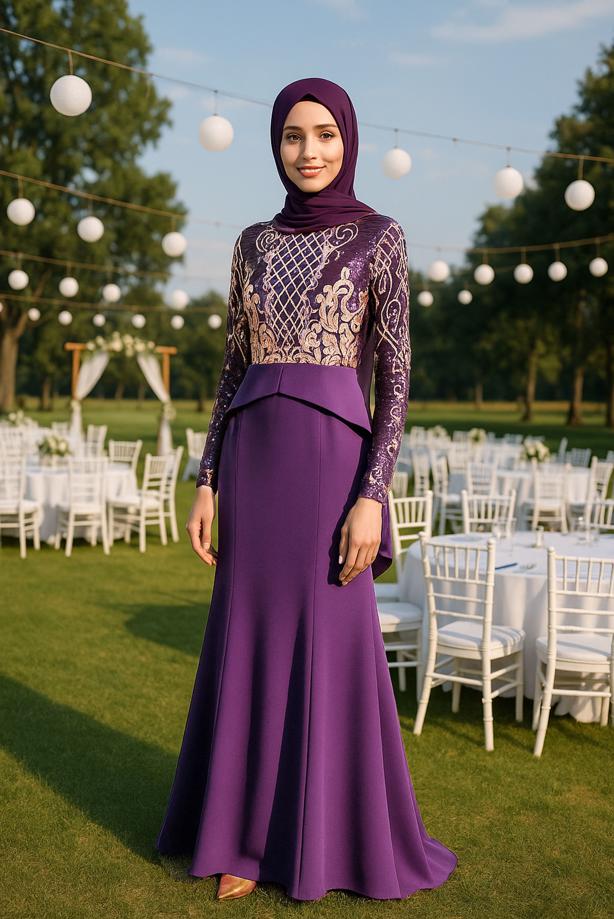 Tesettür giyim  PUL PAYET DETAYLI BALIK ABİYE T 00625 - TRENDTESETTÜR