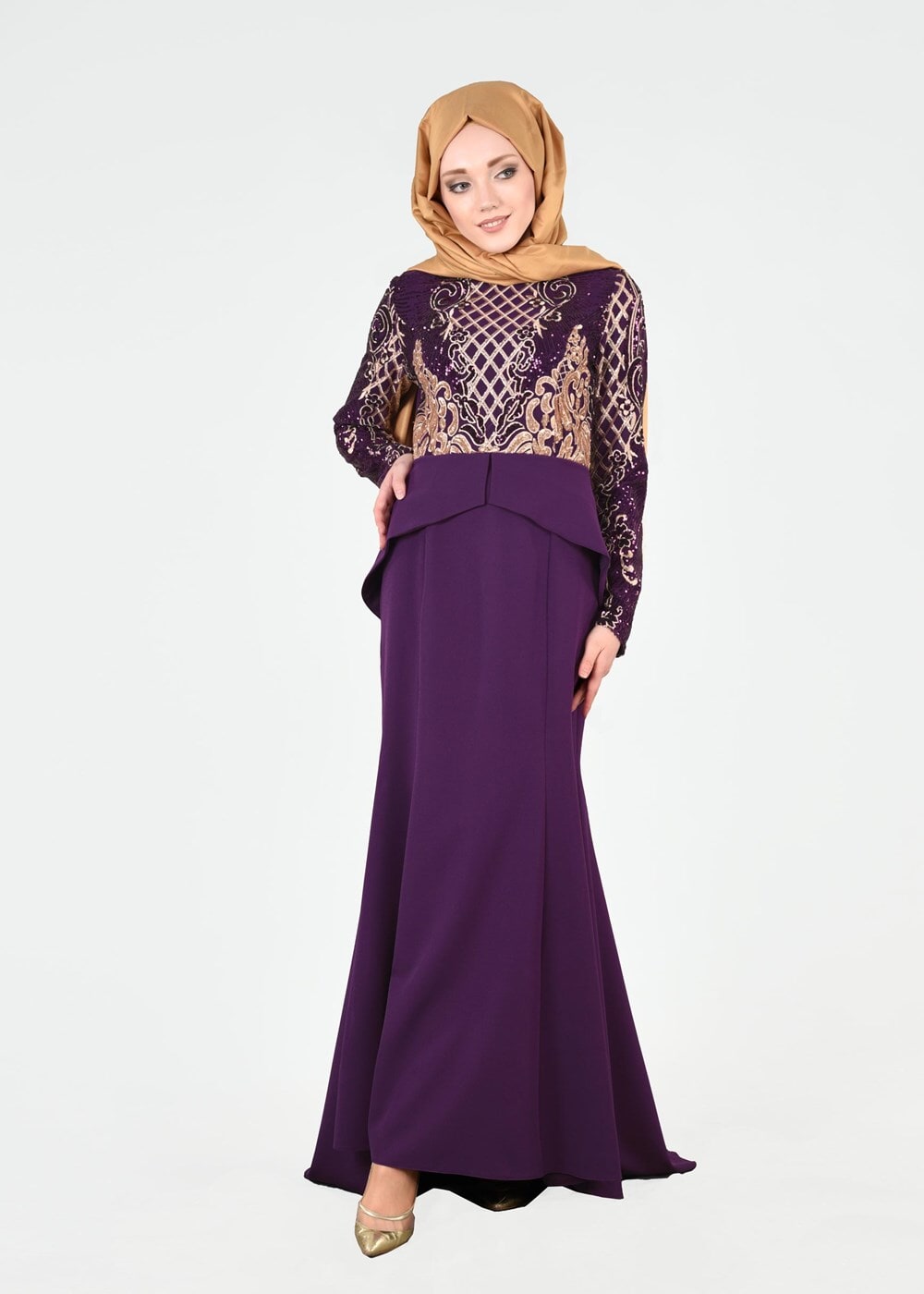 Hijab clothing PURPLE T 00625 Pul Payet Balık Abiye Elbise-Fy Collection