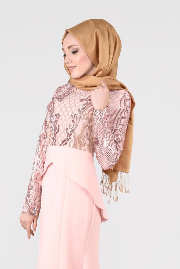 Tesettür giyim  T 00625 Pul Payet Balık Abiye Elbise-Fy Collection - TRENDTESETTÜR
