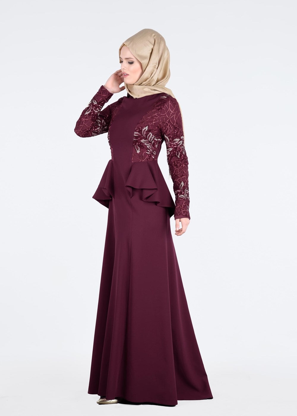 Vêtements hijab ROUGE BORDEAUX T 08525 Fy Collection- Pul Detaylı Tesettür Abiye Elbise