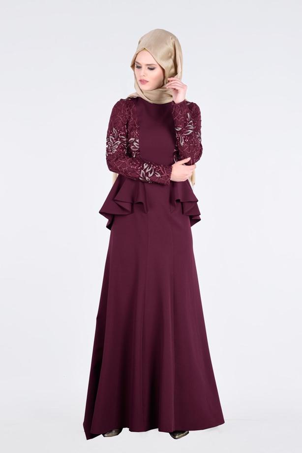 Vêtements hijab  T 08525 Fy Collection- Pul Detaylı Tesettür Abiye Elbise - TRENDTESETTÜR