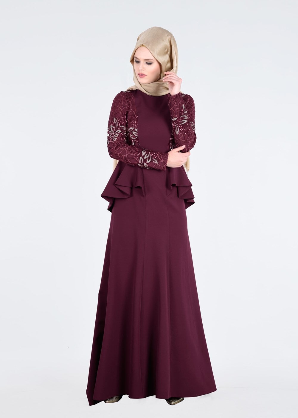 Tesettür giyim BORDO T 08525 Fy Collection- Pul Detaylı Tesettür Abiye Elbise