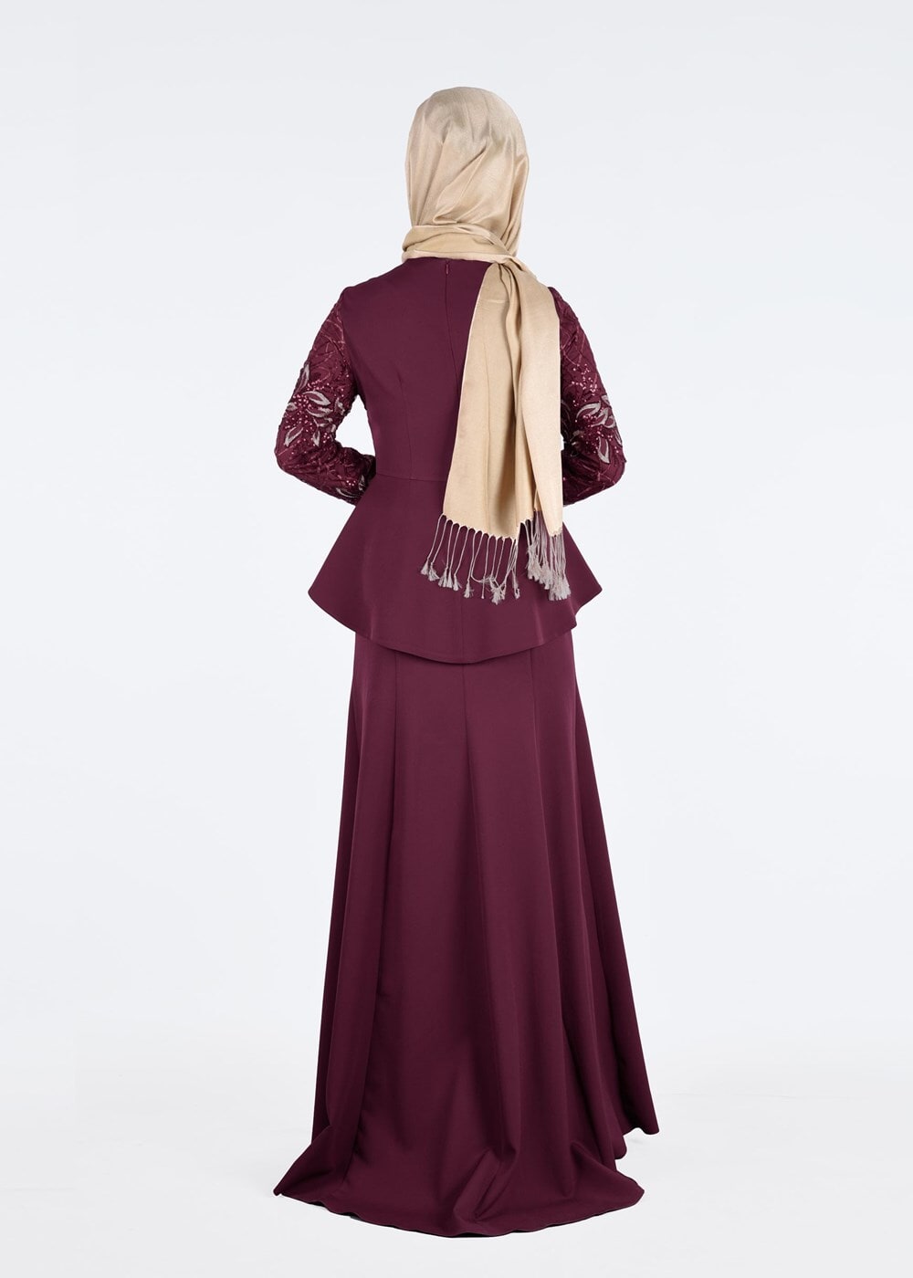 Tesettür giyim BORDO T 08525 Fy Collection- Pul Detaylı Tesettür Abiye Elbise