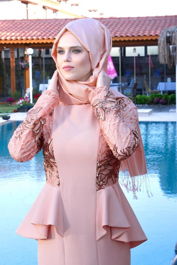 Tesettür giyim  T 08525 Fy Collection- Pul Detaylı Tesettür Abiye Elbise - TRENDTESETTÜR
