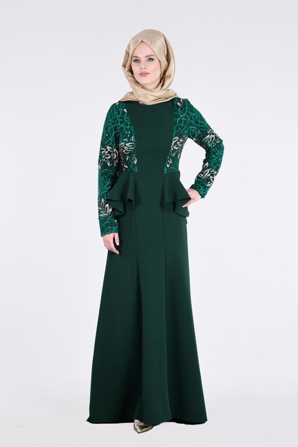 Tesettür giyim  T 08525 Fy Collection- Pul Detaylı Tesettür Abiye Elbise - TRENDTESETTÜR