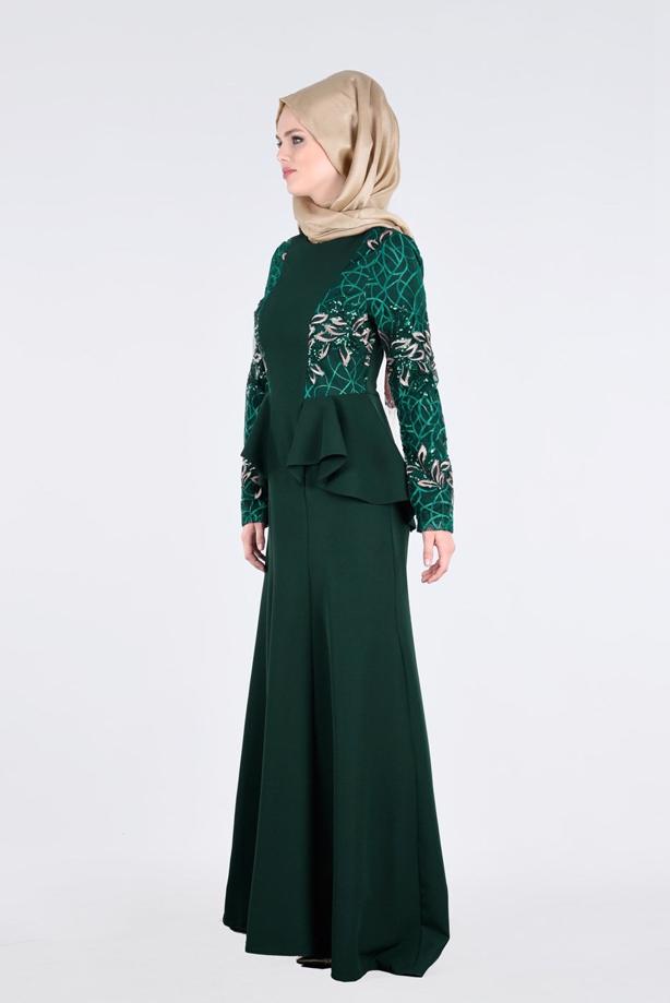 Tesettür giyim  T 08525 Fy Collection- Pul Detaylı Tesettür Abiye Elbise - TRENDTESETTÜR
