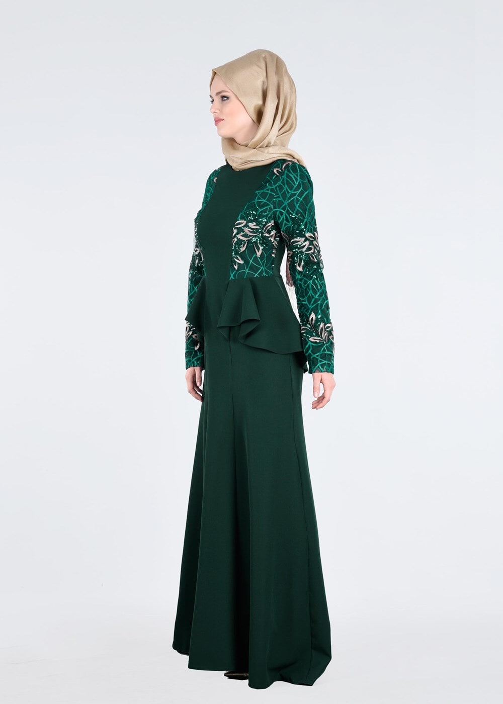 Vêtements hijab VERT T 08525 Fy Collection- Pul Detaylı Tesettür Abiye Elbise