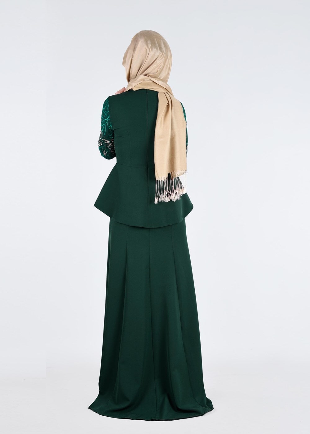 Vêtements hijab VERT T 08525 Fy Collection- Pul Detaylı Tesettür Abiye Elbise