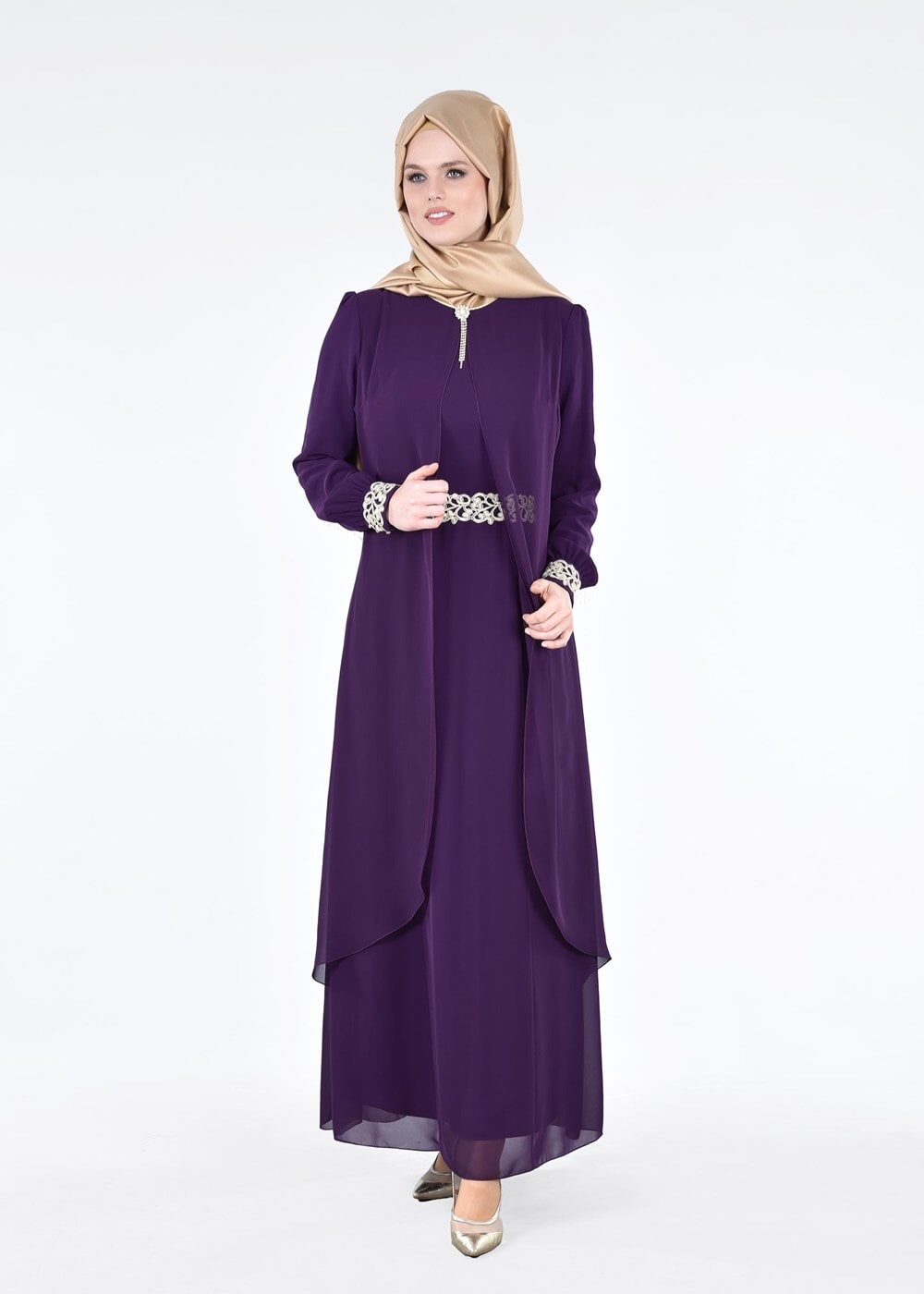 Tesettür giyim MOR T 12225  Fy Collection-Nakış Detaylı Tesettür Abiye Elbise