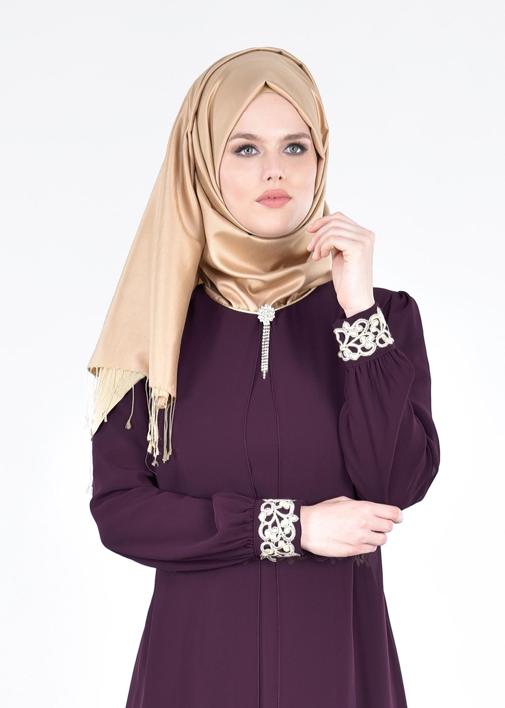 Tesettür giyim MÜRDÜM T 12225  Fy Collection-Nakış Detaylı Tesettür Abiye Elbise