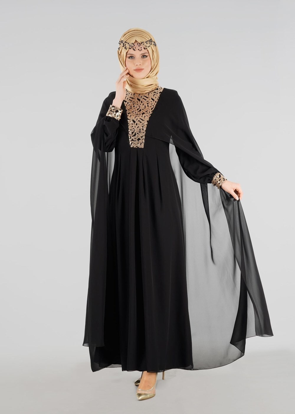 Tesettür giyim SİYAH T 15525 Fy Collection- İşlemeli Abiye Elbise