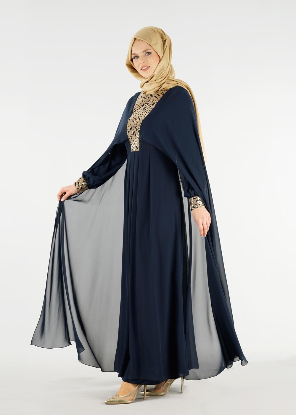 Tesettür giyim LACİVERT T 15525 Fy Collection- İşlemeli Abiye Elbise