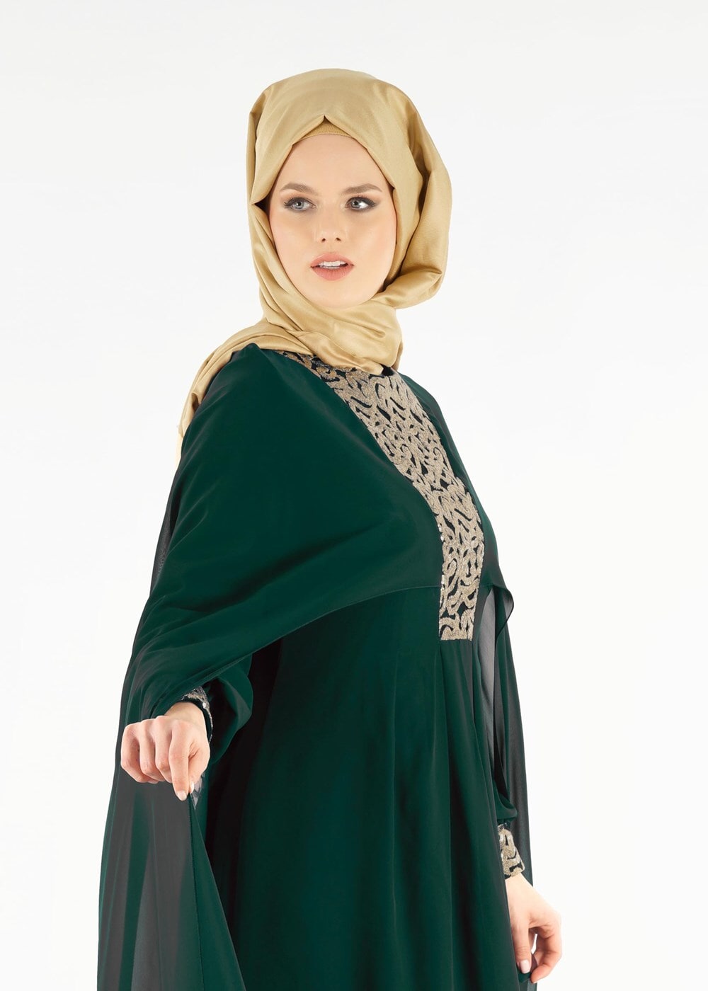 Vêtements hijab VERT T 15525 Fy Collection- İşlemeli Abiye Elbise