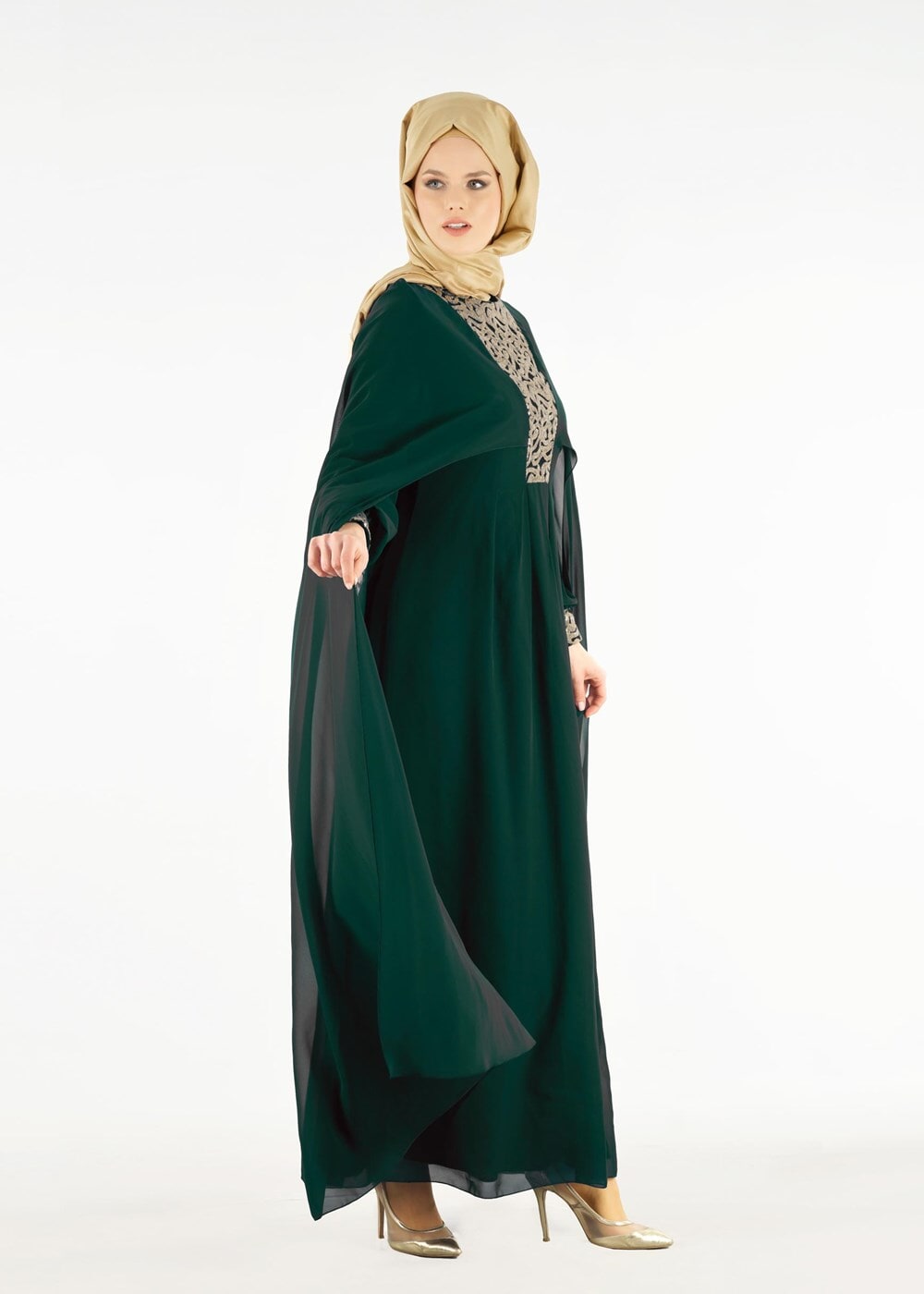 Vêtements hijab VERT T 15525 Fy Collection- İşlemeli Abiye Elbise