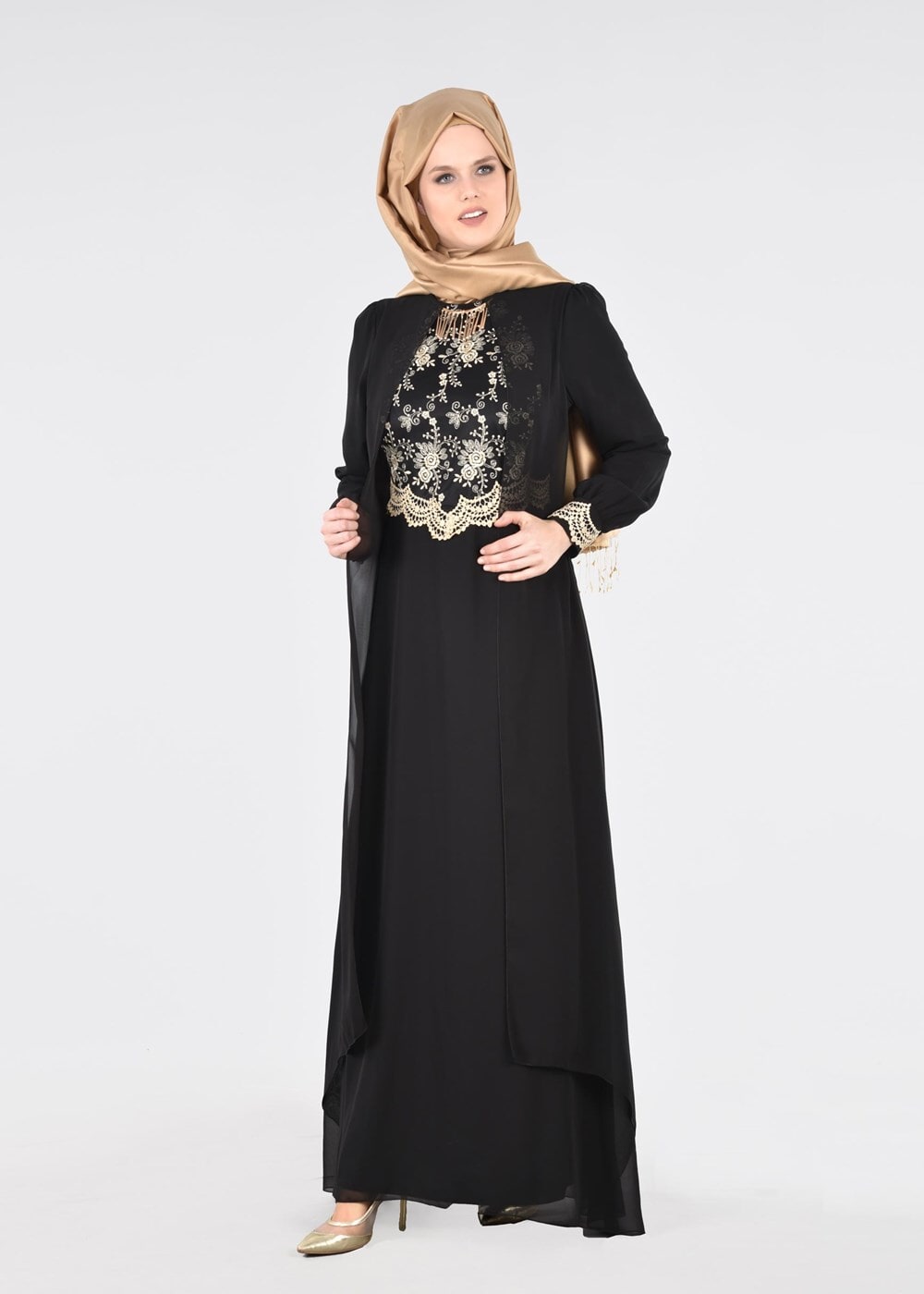 Tesettür giyim SİYAH T 16525 Fy Collection-Pelerin Detaylı Abiye Elbise