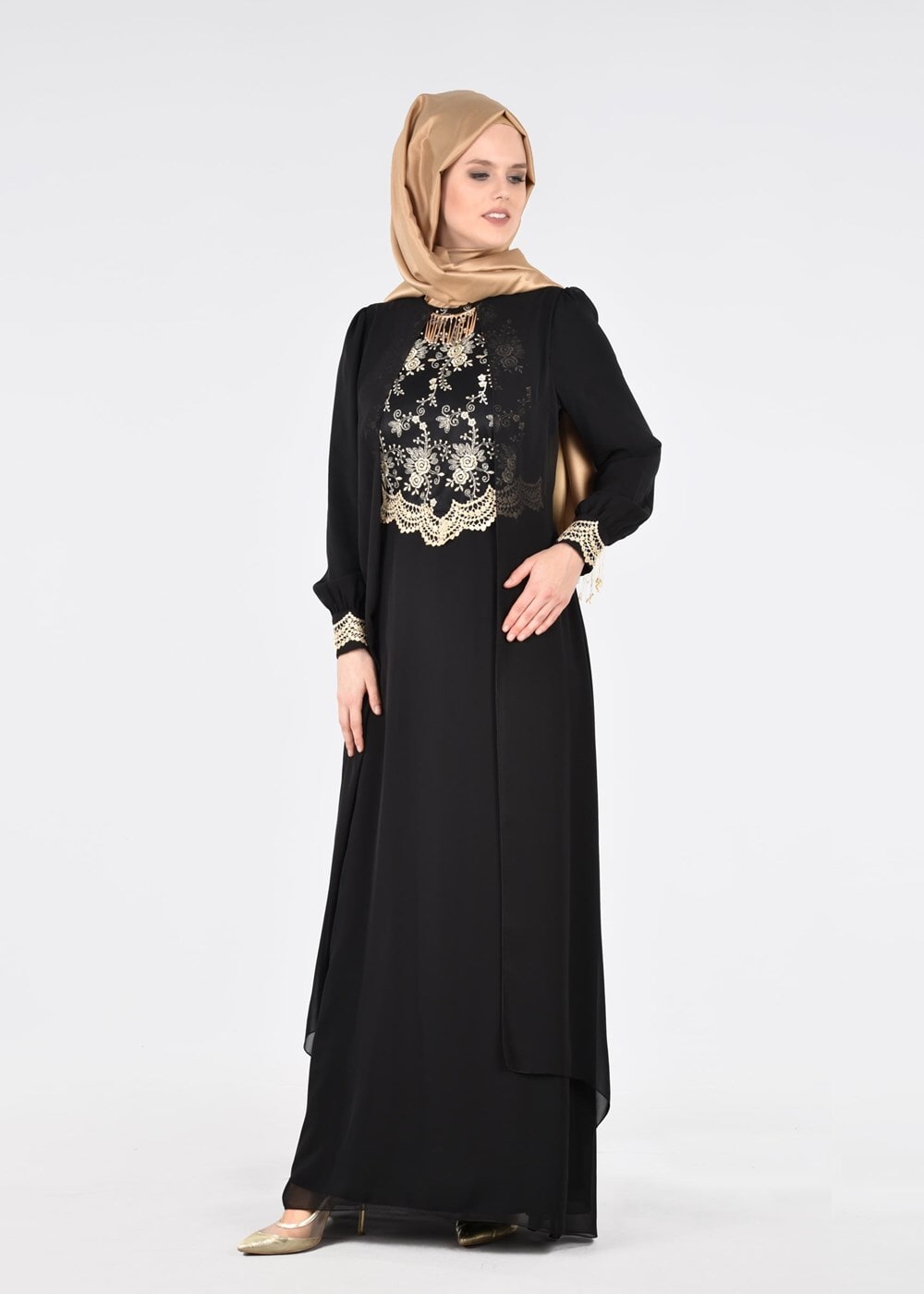Tesettür giyim SİYAH T 16525 Fy Collection-Pelerin Detaylı Abiye Elbise