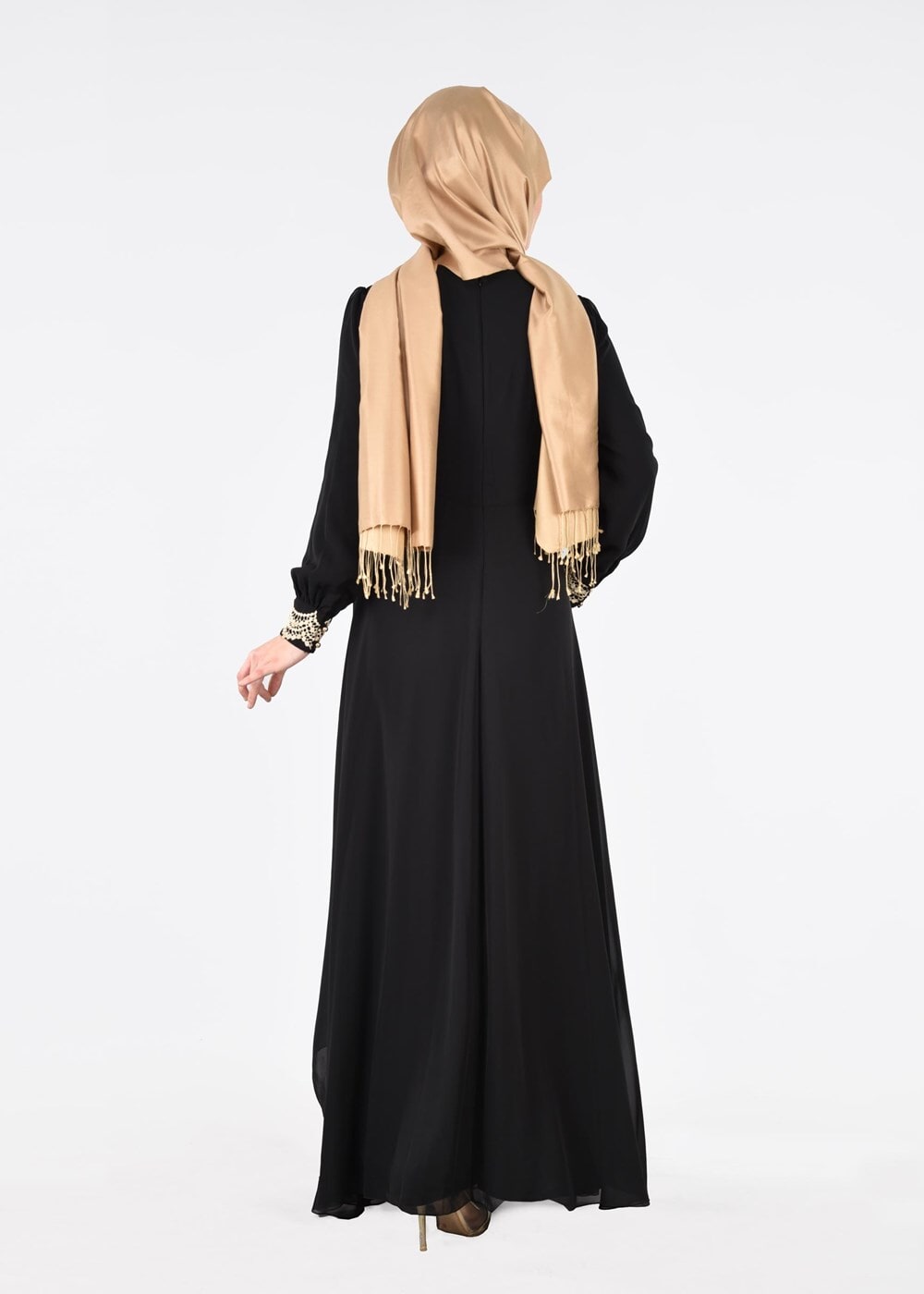 Tesettür giyim SİYAH T 16525 Fy Collection-Pelerin Detaylı Abiye Elbise