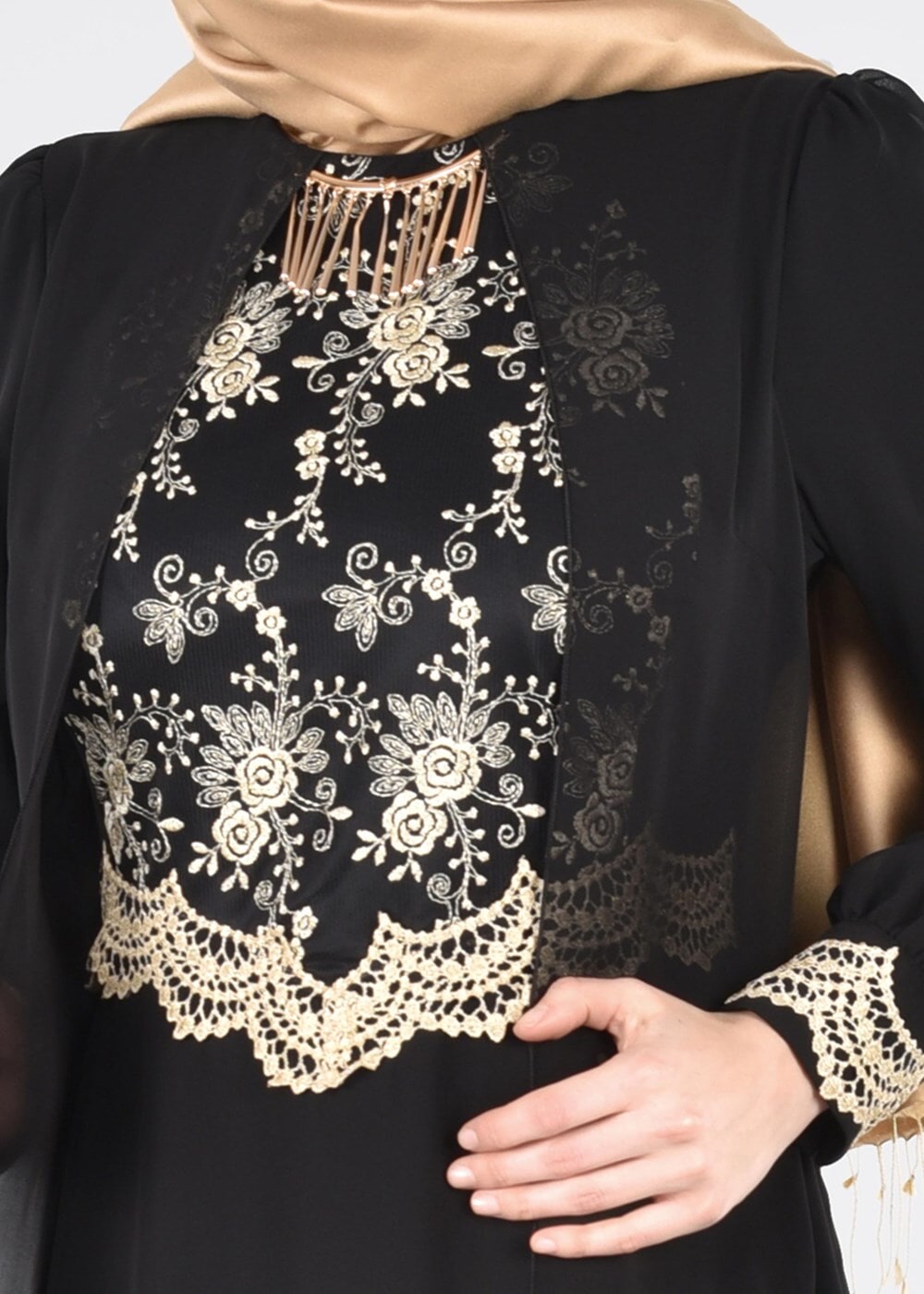 Tesettür giyim SİYAH T 16525 Fy Collection-Pelerin Detaylı Abiye Elbise