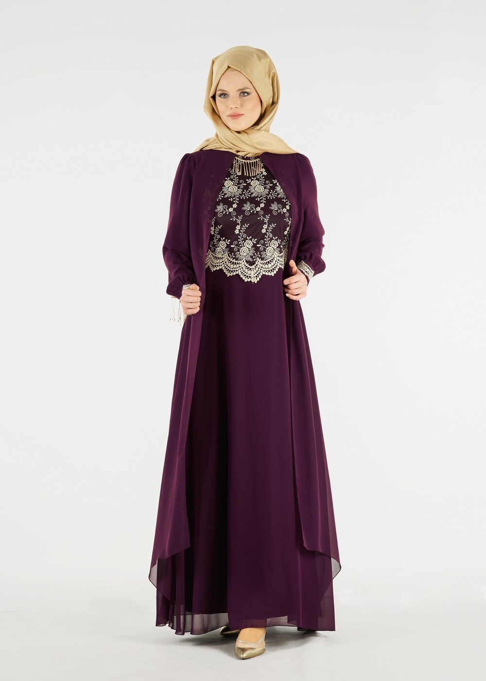 Tesettür giyim MÜRDÜM T 16525 Fy Collection-Pelerin Detaylı Abiye Elbise