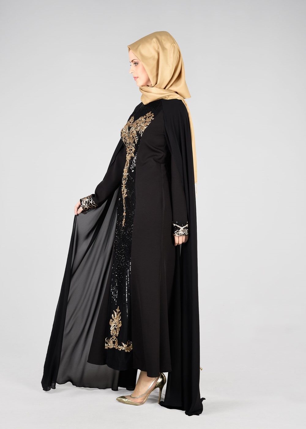 Tesettür giyim SİYAH T 37525 Fy Collection-Payet Detaylı Abiye Elbise