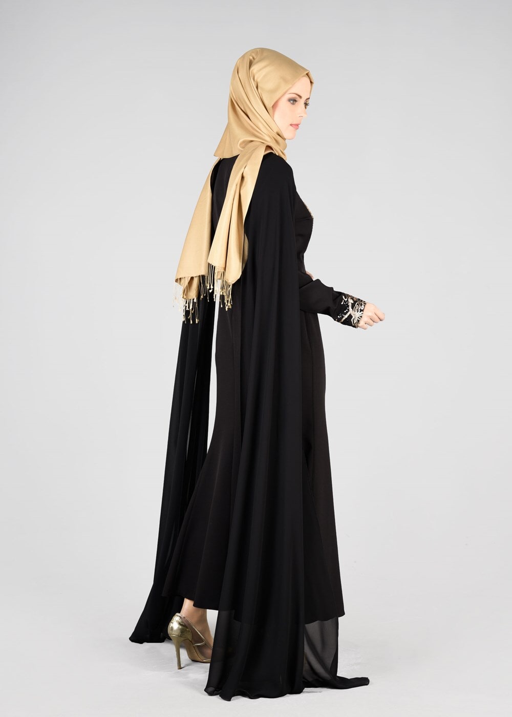 Tesettür giyim SİYAH T 37525 Fy Collection-Payet Detaylı Abiye Elbise