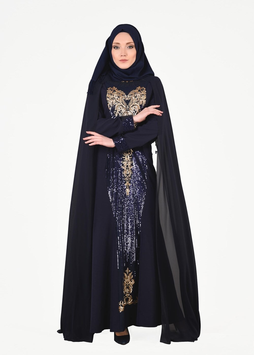 Tesettür giyim LACİVERT T 37525 Fy Collection-Payet Detaylı Abiye Elbise
