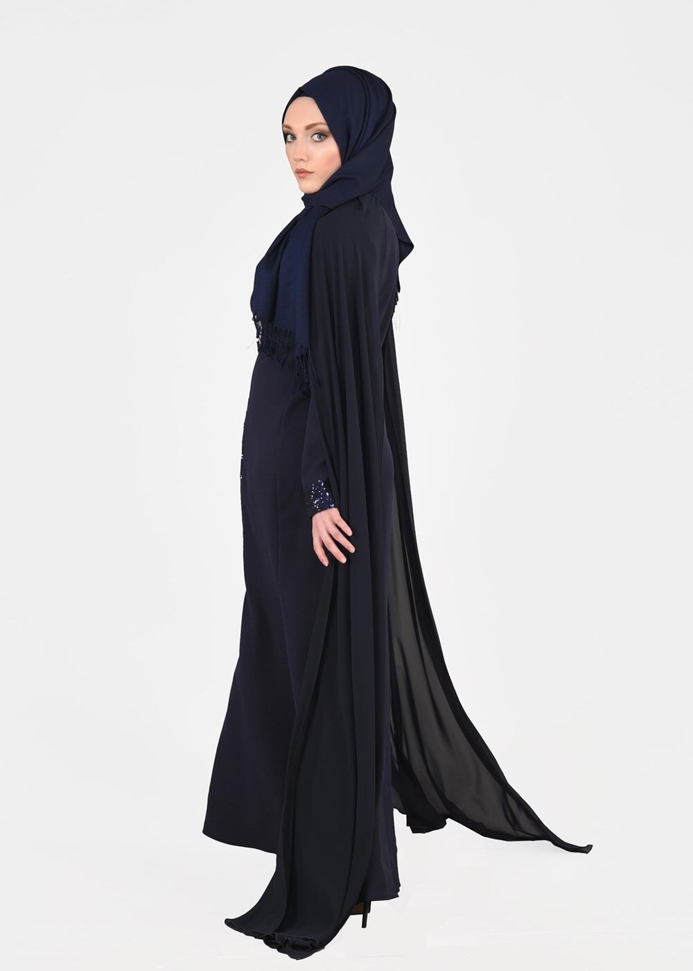 Tesettür giyim LACİVERT T 37525 Fy Collection-Payet Detaylı Abiye Elbise