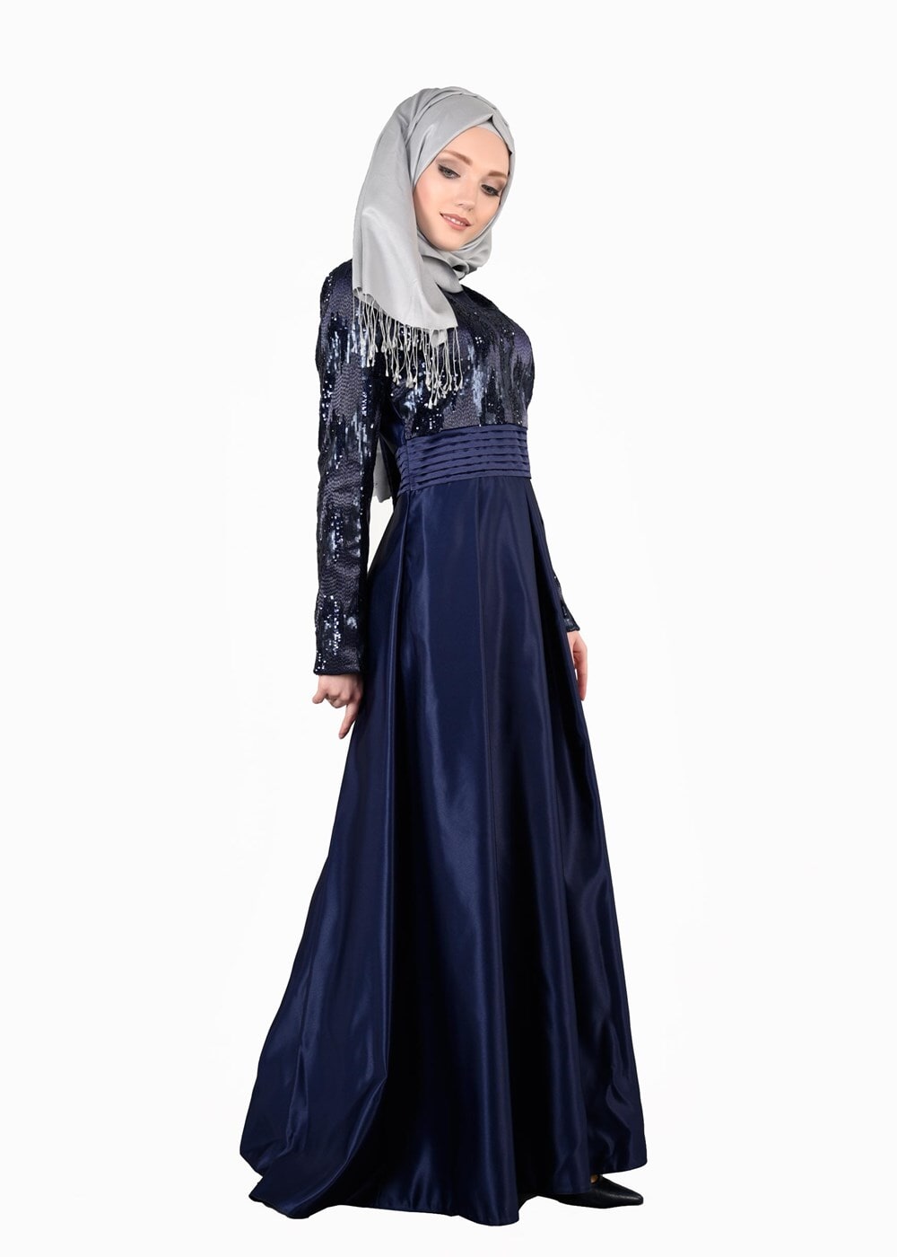 Tesettür giyim LACİVERT T 39525 Fy Colllection-Pul Detaylı Abiye Elbise