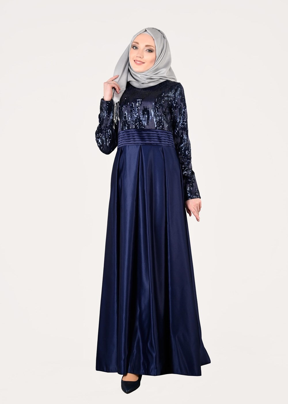 Tesettür giyim LACİVERT T 39525 Fy Colllection-Pul Detaylı Abiye Elbise