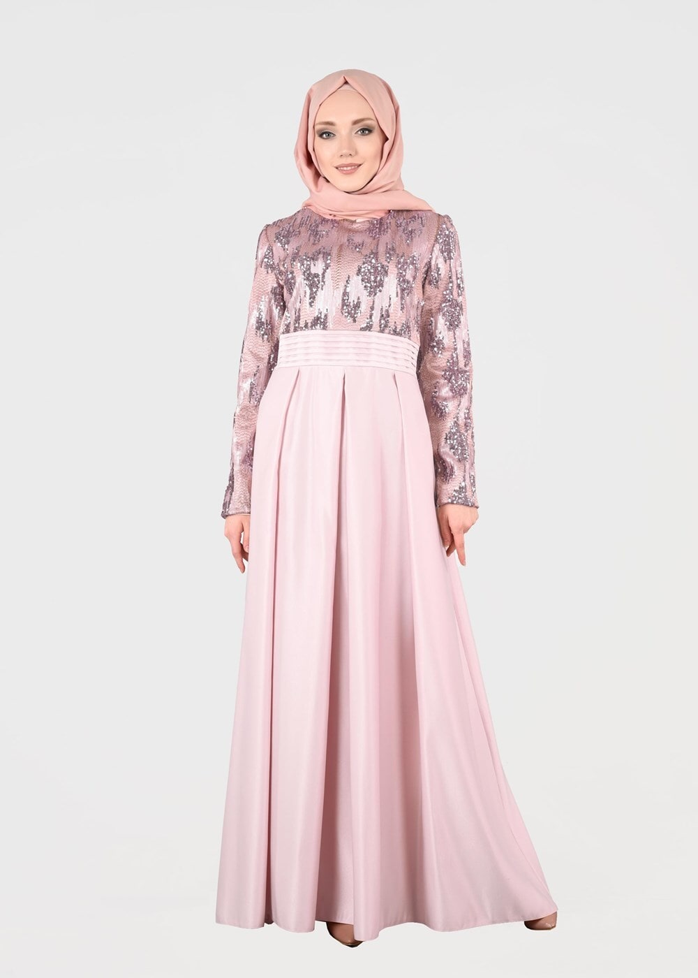 Tesettür giyim PUDRA T 39525 Fy Colllection-Pul Detaylı Abiye Elbise