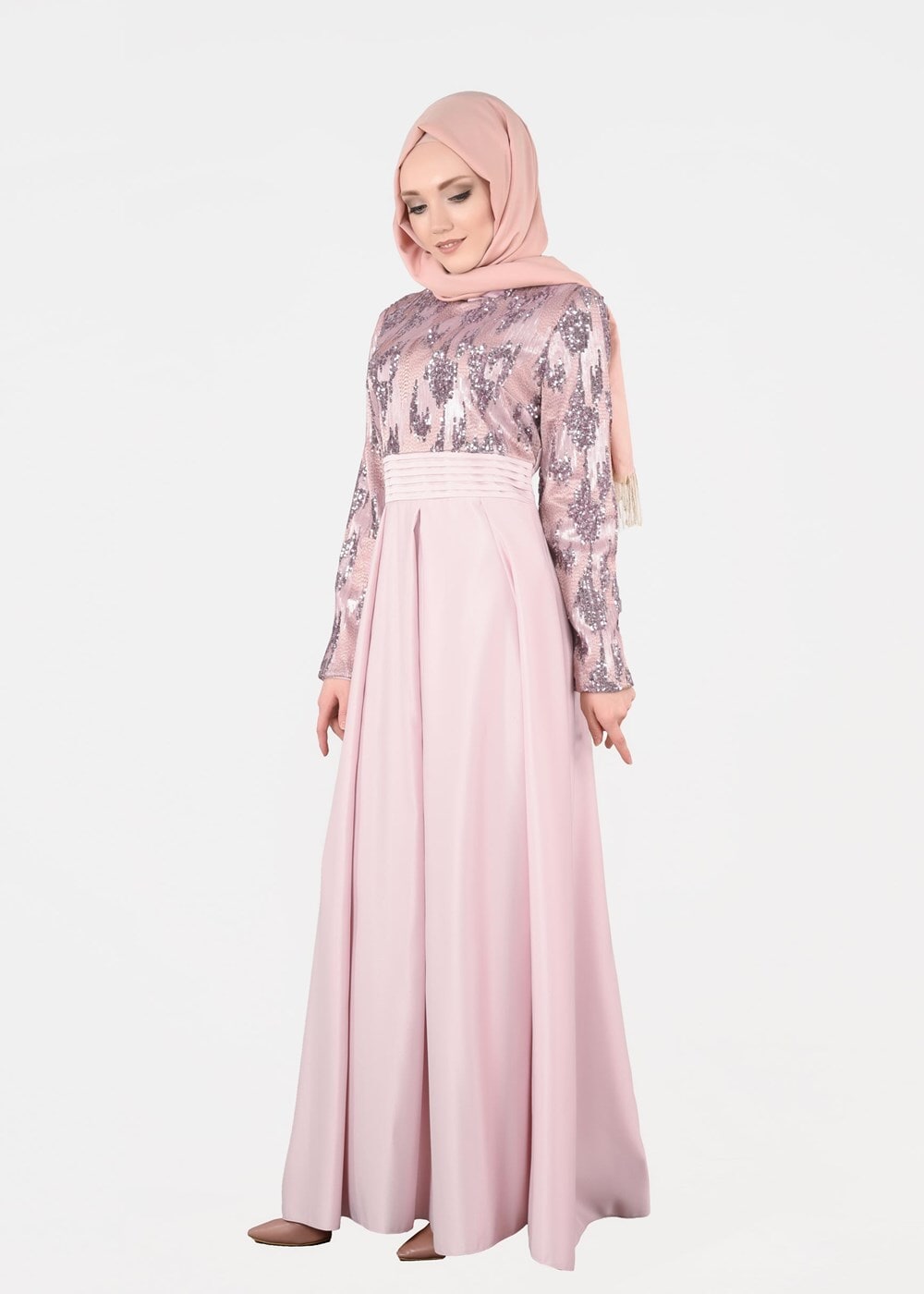 Tesettür giyim PUDRA T 39525 Fy Colllection-Pul Detaylı Abiye Elbise