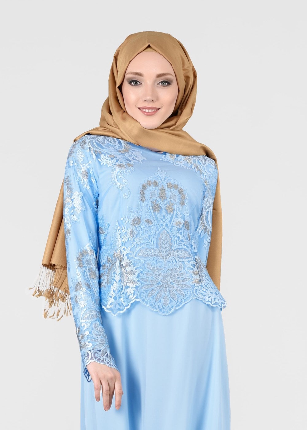 Hijab clothing BLUE T 40625 Fy Collection-İşleme Detaylı Abiye Elbise