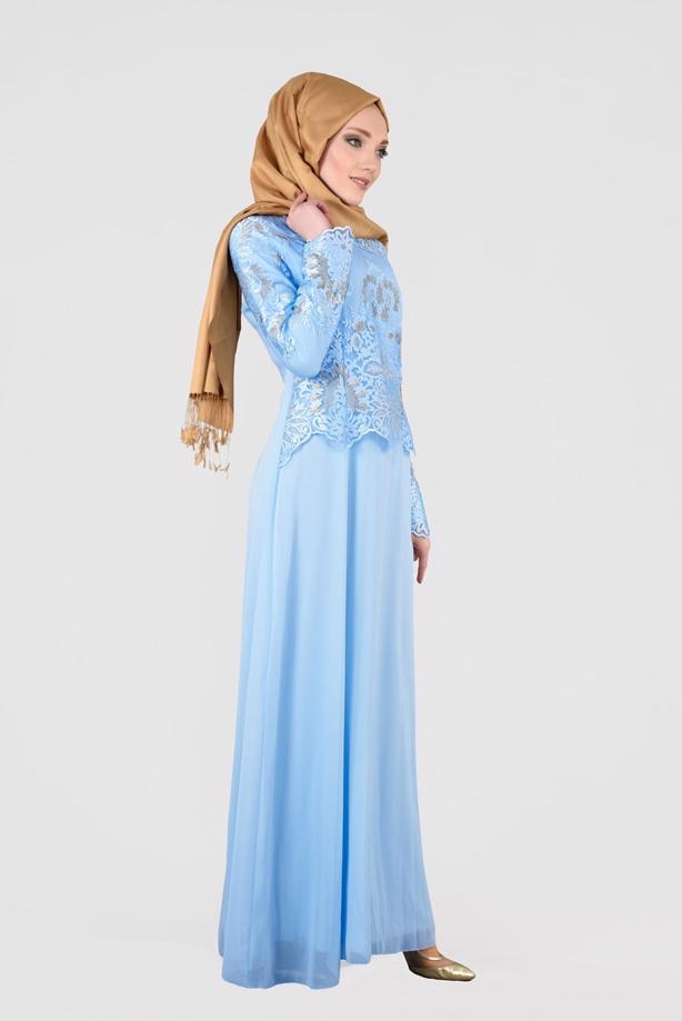 Tesettür giyim  T 40625 Fy Collection-İşleme Detaylı Abiye Elbise - TRENDTESETTÜR
