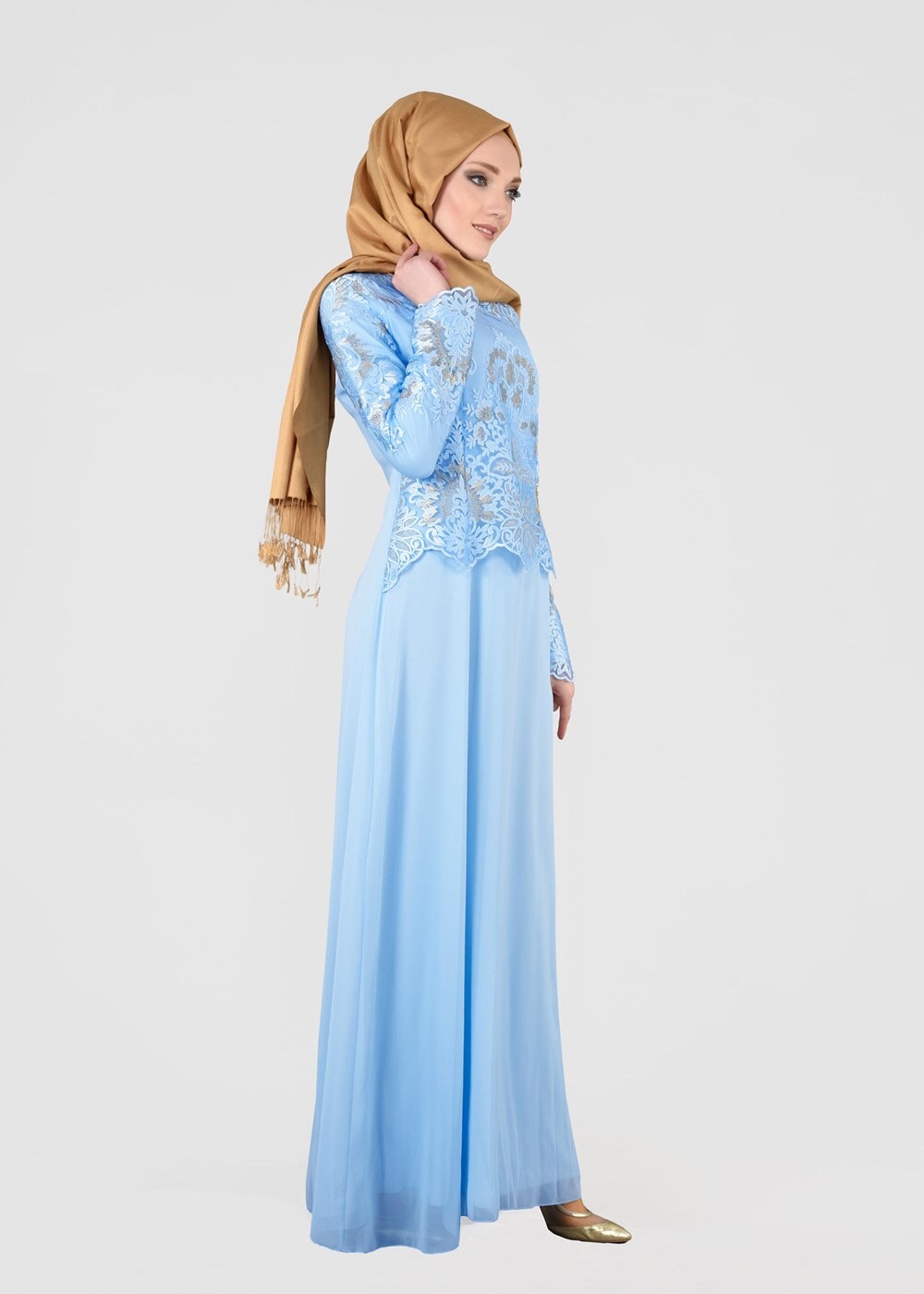 Hijab clothing BLUE T 40625 Fy Collection-İşleme Detaylı Abiye Elbise