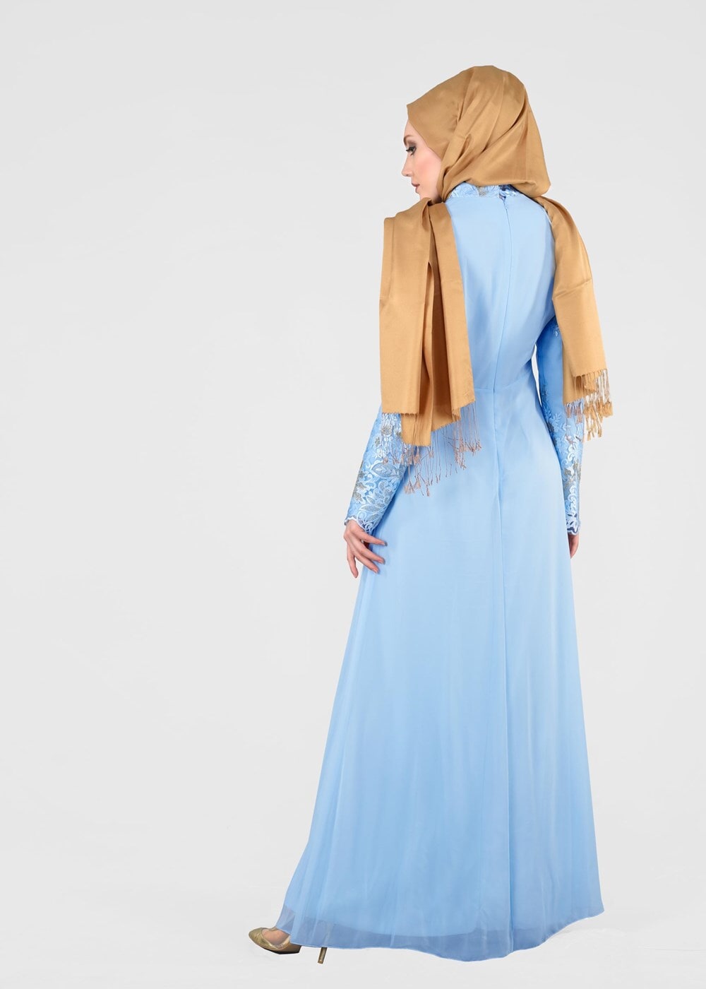 Vêtements hijab BLEU T 40625 Fy Collection-İşleme Detaylı Abiye Elbise