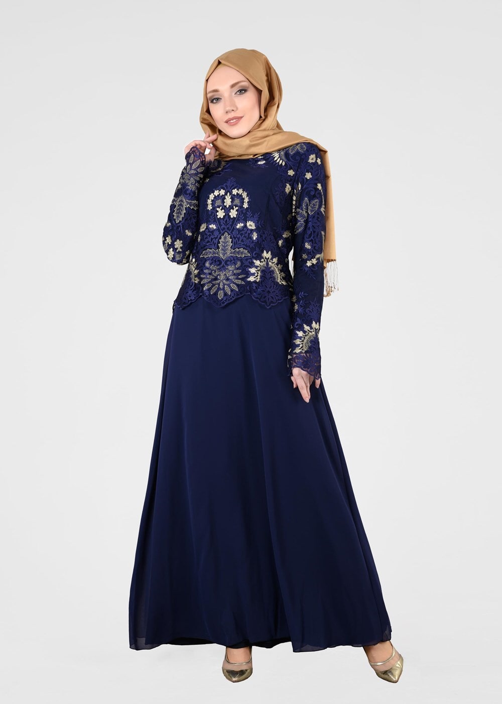 Tesettür giyim LACİVERT T 40625 Fy Collection-İşleme Detaylı Abiye Elbise