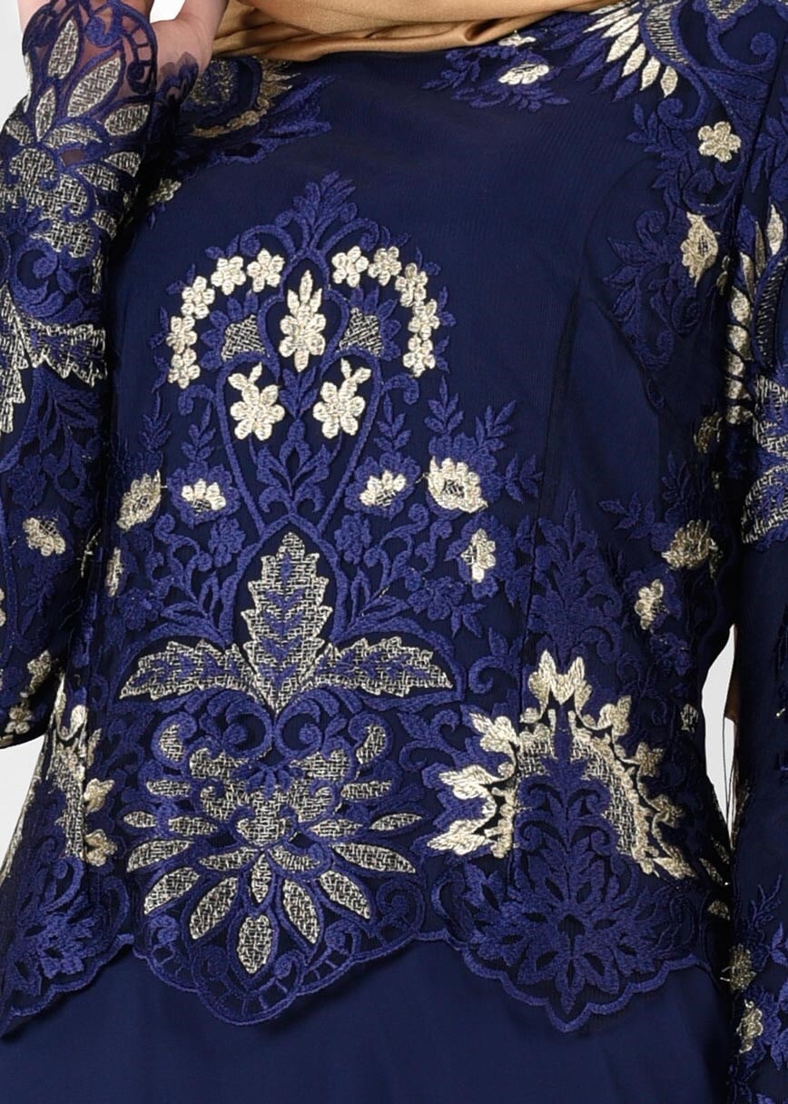 Tesettür giyim LACİVERT T 40625 Fy Collection-İşleme Detaylı Abiye Elbise