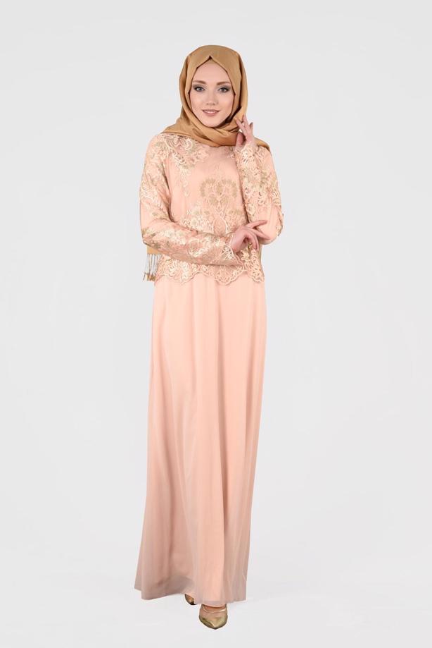 Tesettür giyim  T 40625 Fy Collection-İşleme Detaylı Abiye Elbise - TRENDTESETTÜR