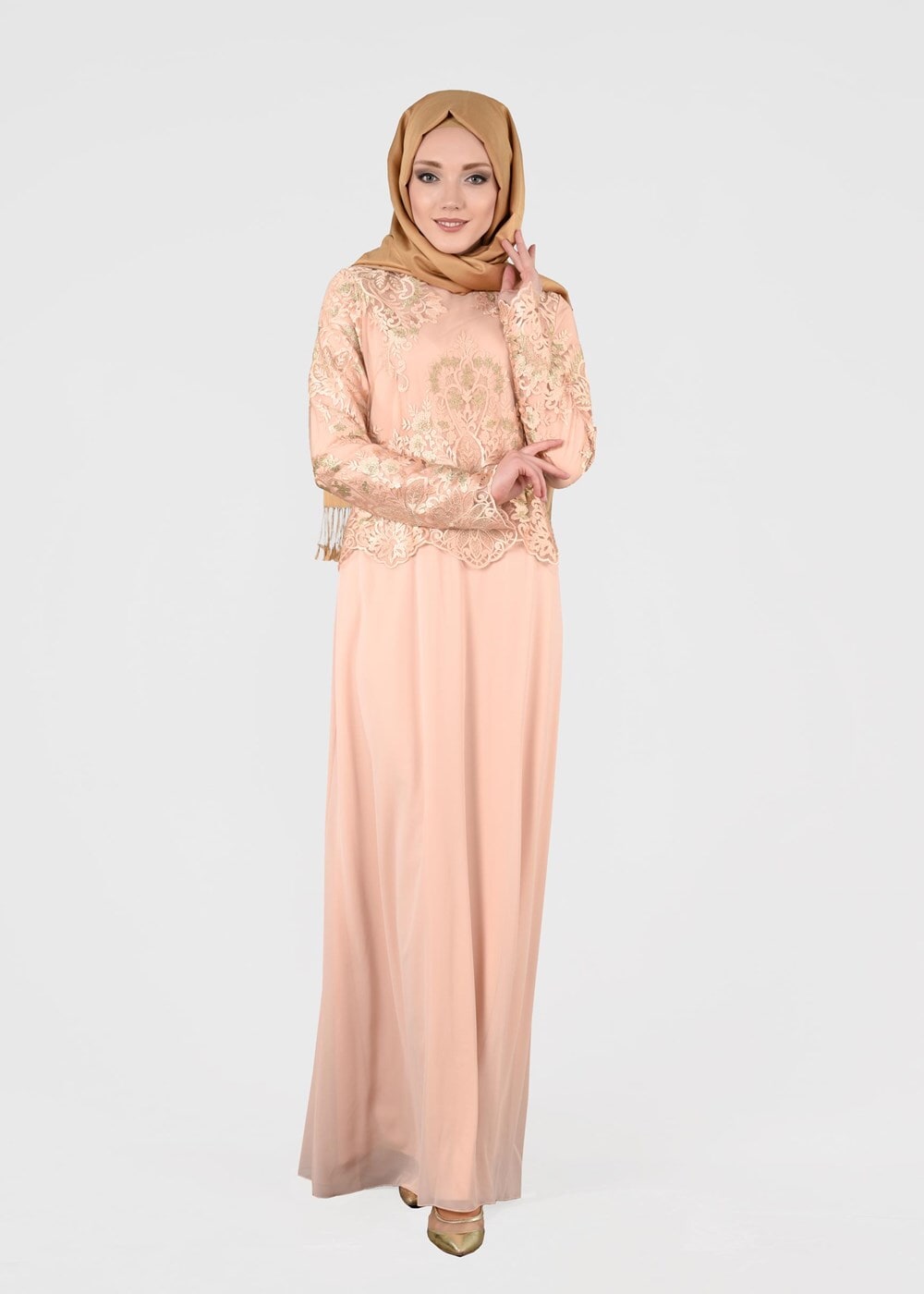 Tesettür giyim PUDRA T 40625 Fy Collection-İşleme Detaylı Abiye Elbise