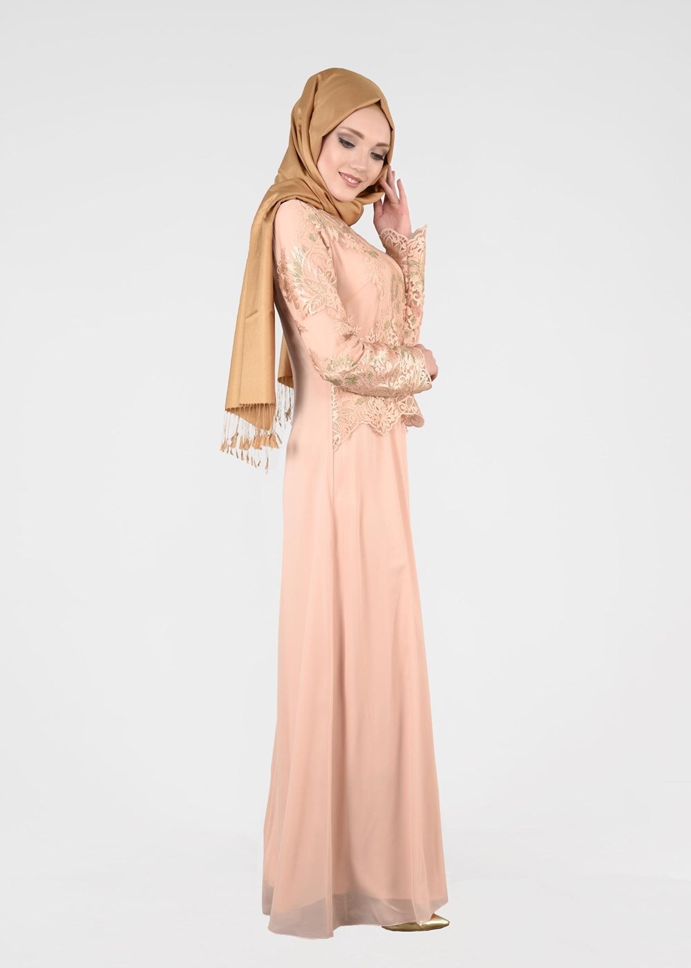 Tesettür giyim PUDRA T 40625 Fy Collection-İşleme Detaylı Abiye Elbise